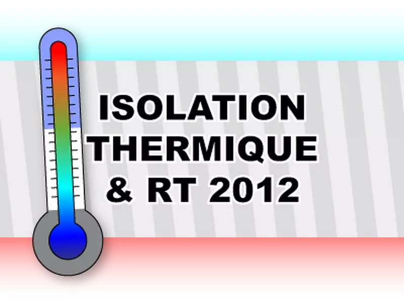 illustration isolation thermique et RT2012 avec un thermomètre et la schématisation d'un isolant entre une partie chaude en rouge et une partie froide en bleu.