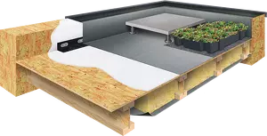 Schéma technique EPDM Systems - Toiture Froide : support bois, colle acrylique, étanchéité EPDM, finitions rives laquée RAL 7016 ; facultatif : dalles sur plots ou végétalisation cassettes SedumPack®.