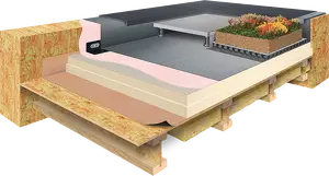 Schéma technique Epdm Systems - Toiture Chaude support bois : pare-vapeur adhésif, isolant PIR EPDM parement voile de verre, colle acrylique, membrane EPDM, finitions couvertines ; facultatif : dalles sur plots ou toiture végétale