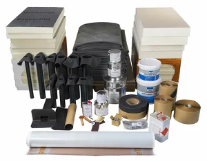 kit de toiture &laquo; chaude &raquo; EPDM comprenant pare-vapeur autocollant, isolants, membrane epdm, colle, bande p&eacute;rim&eacute;trique et fixations, bande adh&eacute;sive, pi&egrave;ce adh&eacute;sive, &eacute;vacuation d'eau pluviale, nettoyant.