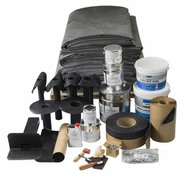 kit de toiture &laquo; froide &raquo; EPDM comprenant pare-vapeur autocollant, membrane epdm, colle, bande p&eacute;rim&eacute;trique et fixations, bande adh&eacute;sive, pi&egrave;ces adh&eacute;sives, &eacute;vacuation d'eau pluviale, nettoyant.