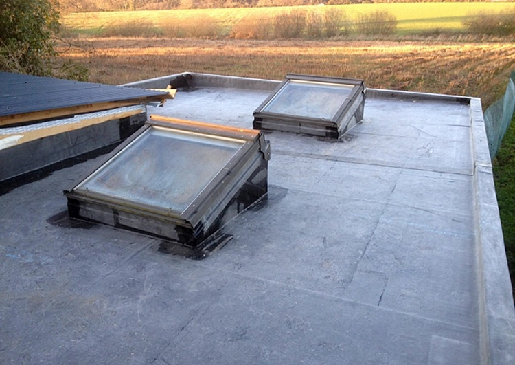 toiture plate couverte en membrane EPDM bordée par des acrotères, avec deux vélux, au fond un champ moissonné.