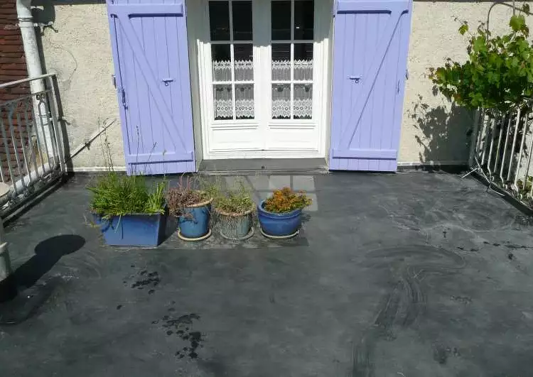 toit terrasse couvert en membrane EPDM, au fond un mur avec la porte fenêtre au volets bleus, de chaque coté des garde-corps, au milieu quatre plantes en pots.