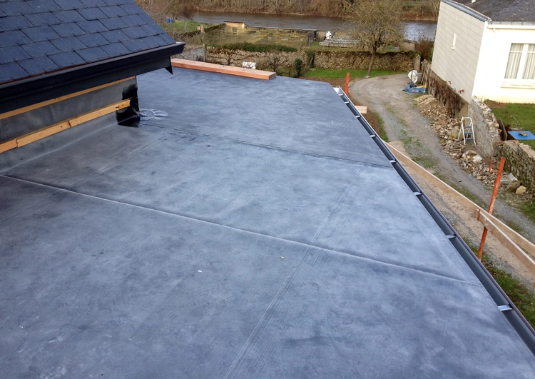 au premier plan la toiture plate est couverte en membrane EPDM, à droite on voit un chemin d'accès et la maison voisine, au fond un jardin avec un cours d'eau