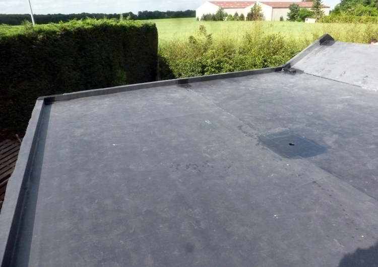 toiture plate couverte en membrane EPDM, un évacuation d'eau pluviale au milieu du toit, à l'arrière-plan un champ et des bâtiments agricoles.